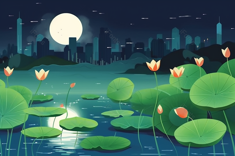 夏天夜晚荷花池风景卡通手绘插画背景,插画/手绘图,插画/手绘图库,插画/手绘图下载,插画/手绘